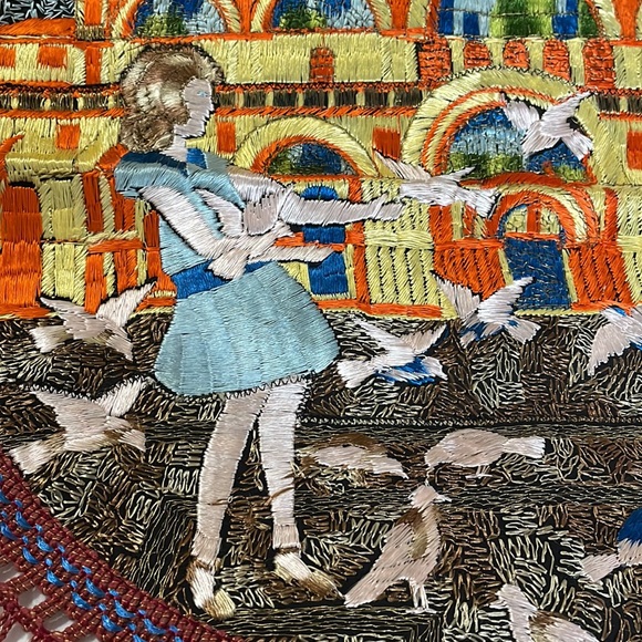 Vintage Girl feeding birds in front of Tag Mahal embroidery with tassels - Picture 2 of 5
